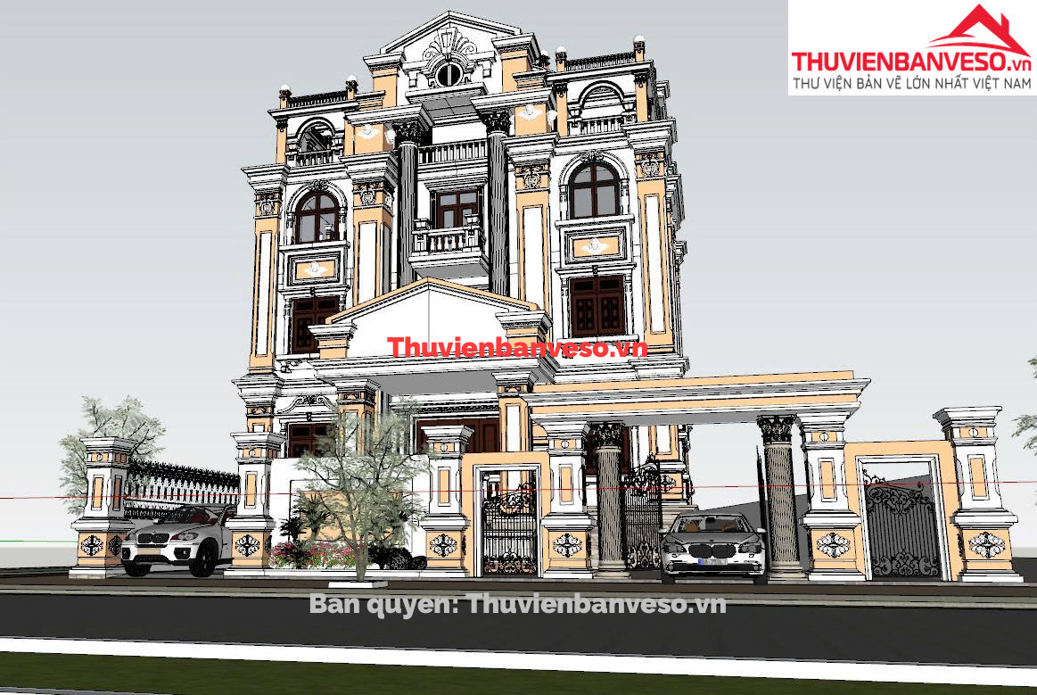 File Sketchup dinh thự 4 tầng Tân cổ điển